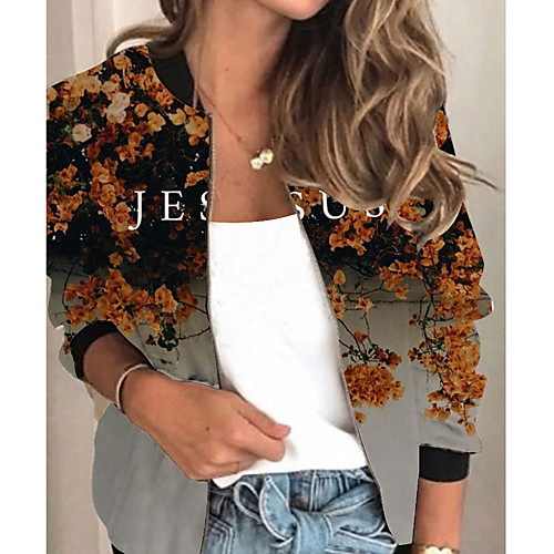 

Women's Jacket Daily Spring & Fall Regular Coat Regular Fit Active Streetwear Jacket Long Sleeve Plants Print Yellow / Holiday