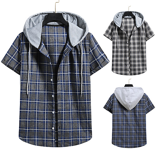 

Men's Shirt non-printing Lattice Color Block Plus Size Drawstring Short Sleeve Daily Tops Vintage Streetwear Hooded Black Navy Blue