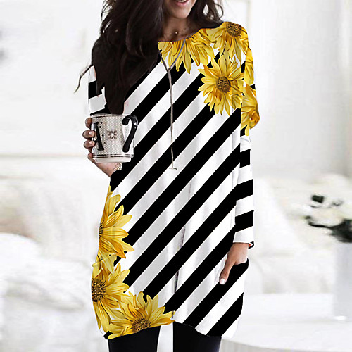 

Women's T Shirt Dress Tee Dress Short Mini Dress Yellow Orange White Black Beige Long Sleeve Floral Print Color Block Print Fall Spring Round Neck Casual Holiday 2021 S M L XL XXL 3XL