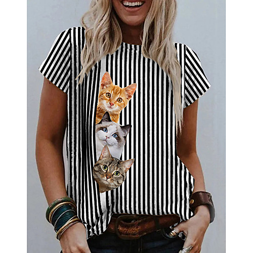 

Women's 3D Cat T shirt Striped Cat Graphic Print Round Neck Basic Tops Black