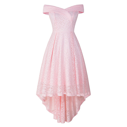 

A-Line Elegant Vintage Party Wear Cocktail Party Dress Off Shoulder Sleeveless Asymmetrical Lace with Pleats 2021