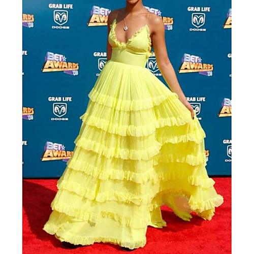 

A-Line Celebrity Style Beautiful Back Wedding Guest Prom Dress Spaghetti Strap Sleeveless Floor Length Chiffon with Pleats Tier 2021
