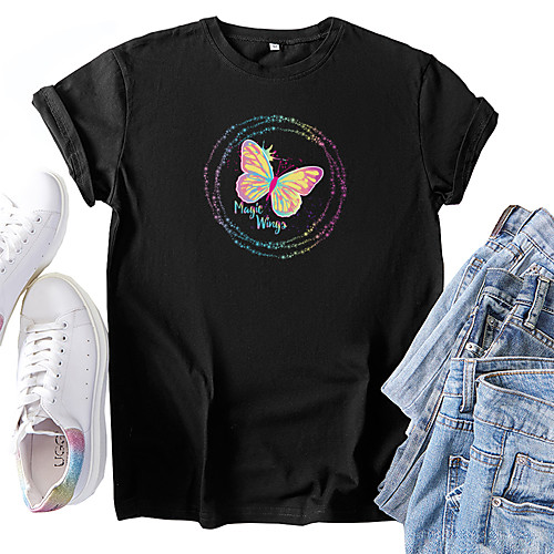 

Women's T shirt Graphic Butterfly Print Round Neck Tops 100% Cotton Basic Basic Top White Black Blue