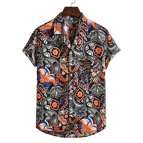 

Men's Shirt Other Prints Letter Print Short Sleeve Going out Tops Chinese Style Tropical Button Down Collar Orange / Beach