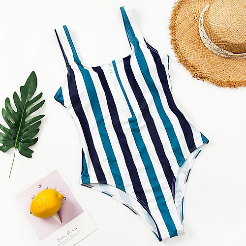 

Women's One Piece Monokini Swimsuit Tummy Control Slim Stripe Light Blue Blue Yellow Orange Black Swimwear Bodysuit Bathing Suits New Fashion Sexy / Padless
