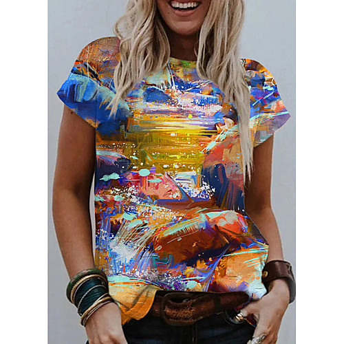 

Women's Holiday Painting T shirt Graphic Print Round Neck Basic Tops Rainbow / Going out