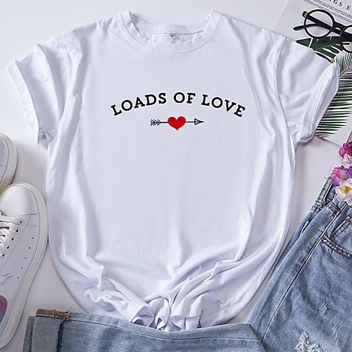 

Women's T shirt Graphic Heart Letter Print Round Neck Tops 100% Cotton Basic Basic Top White Blue Red