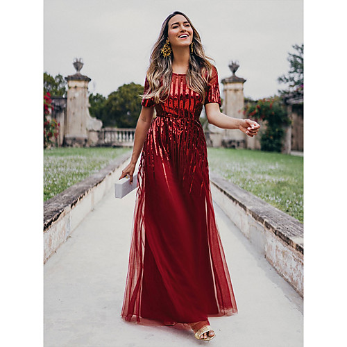 

Women's A Line Dress Maxi long Dress Red Short Sleeve Solid Color Sequins Fall Spring Round Neck Elegant Formal Loose 2021 S M L XL XXL 3XL 4XL