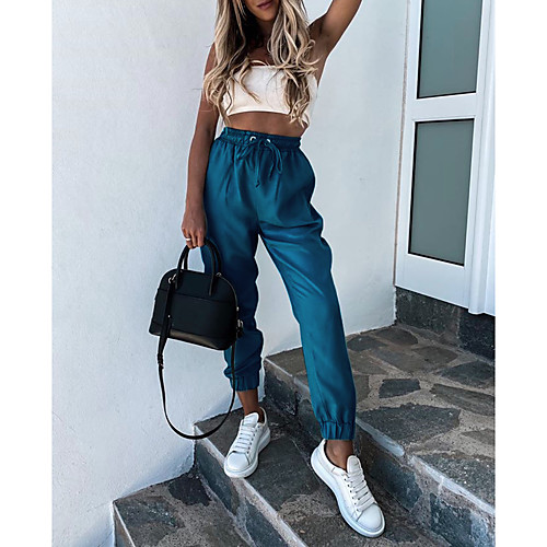 

Women's Stylish Streetwear Comfort Casual Daily Chinos Pants Plain Full Length Pocket Elastic Drawstring Design Blue Blushing Pink Khaki