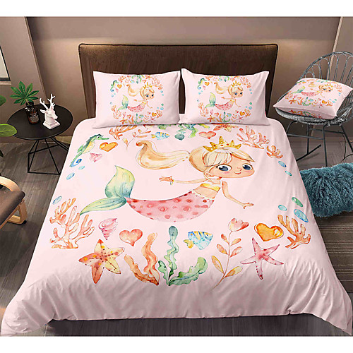 

Cartoon Mermaid 3-Piece Duvet Cover Set Hotel Bedding Sets Comforter Cover with Soft Lightweight Microfiber, Include 1 Duvet Cover, 2 Pillowcases for Double/Queen/King(1 Pillowcase for Twin/Single)