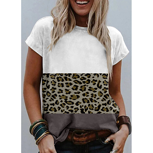 

Women's T shirt Graphic Leopard Print Round Neck Tops Basic Basic Top White
