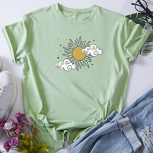 

Women's T shirt Graphic Print Round Neck Tops 100% Cotton Basic Basic Top White Black Blue