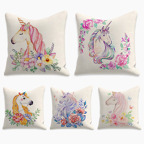

5 pcs Faux Linen Pillow Cover, Animal Simple Casual Square Polyester Traditional Classic