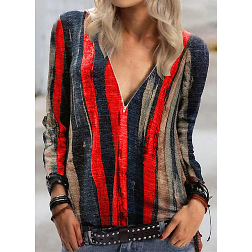 

Women's T shirt Striped Long Sleeve Quarter Zip Print V Neck Basic Tops Blue Purple Red
