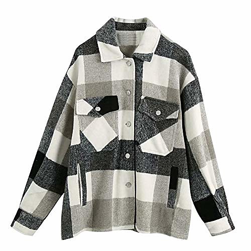 

DEATU Womens Flannel Plaid Jacket Coat Fashion Casual Loose Lapel Collar Long Sleeve Loose Button Pockets Tops Outerwear (Z001#Gray,Medium)