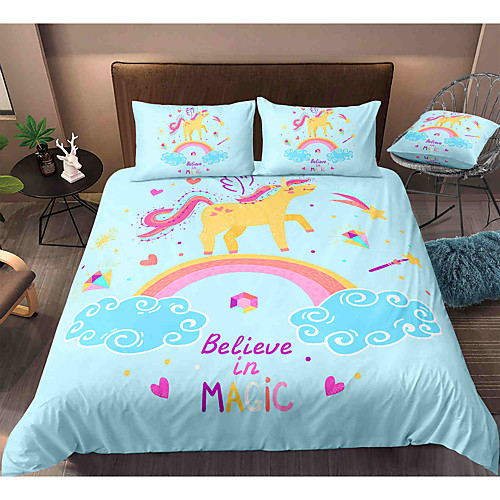 

Cartoon Unicorn 3-Piece Duvet Cover Set Hotel Bedding Sets Comforter Cover with Soft Lightweight Microfiber, Include 1 Duvet Cover, 2 Pillowcases for Double/Queen/King(1 Pillowcase for Twin/Single)