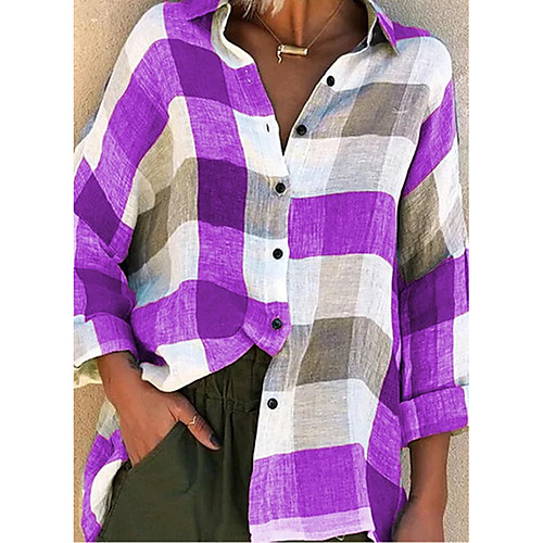 

Women's Blouse Shirt Pattern Plaid Check Long Sleeve Patchwork Print Shirt Collar Basic Tops Blue Purple Red