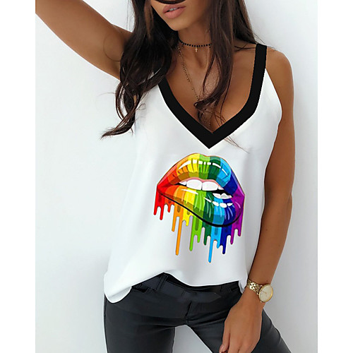 

Women's Camisole Mouth Print V Neck Basic Sexy Tops White Black
