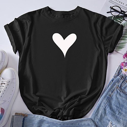 

Women's T shirt Graphic Heart Print Round Neck Tops 100% Cotton Basic Basic Top Black Blue Red