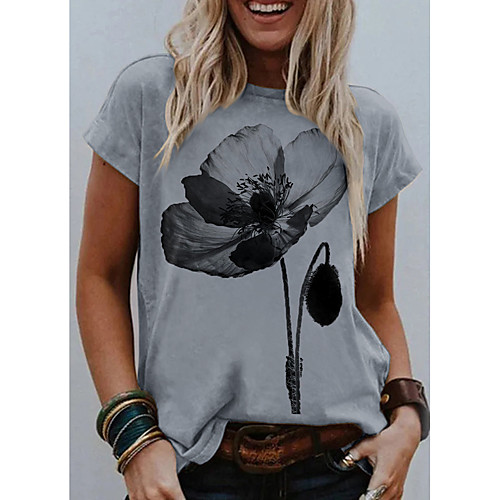 

Women's Going out Floral Theme T shirt Floral Plants Graphic Print Round Neck Basic Tops Gray