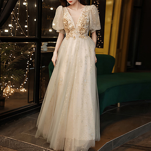 

A-Line Glittering Elegant Party Wear Prom Dress V Neck Half Sleeve Floor Length Tulle with Sequin Appliques 2021