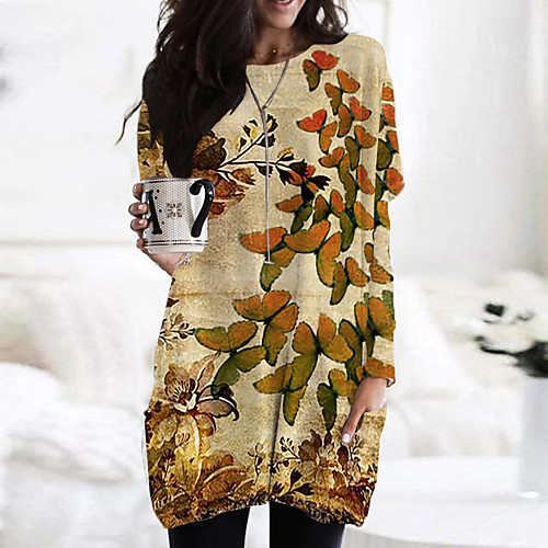 

Women's T Shirt Dress Tee Dress Short Mini Dress Brown Light Blue Long Sleeve Print Color Block Animal Print Fall Spring Round Neck Casual Holiday 2021 S M L XL XXL 3XL