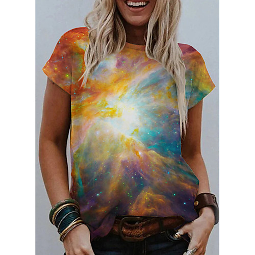 

Women's 3D Printed Painting T shirt Galaxy Graphic Scenery Print Round Neck Basic Tops Yellow