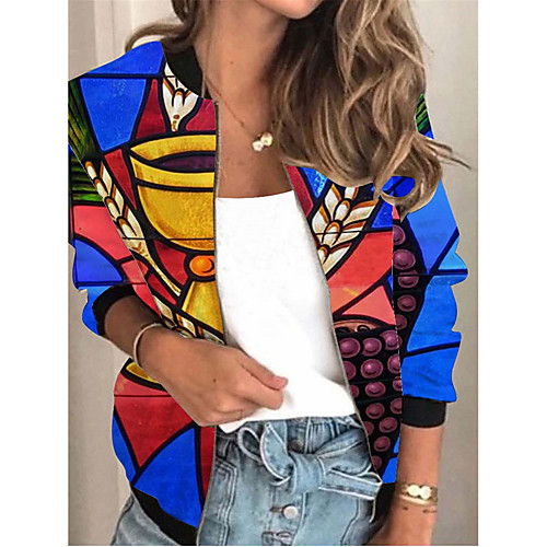 

Women's Jacket Daily Spring & Fall Regular Coat Regular Fit Active Streetwear Jacket Long Sleeve Color Block Print Blue Purple / Holiday