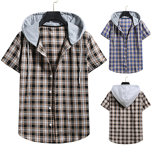 

Men's Shirt non-printing Lattice Color Block Plus Size Drawstring Short Sleeve Daily Tops Vintage Streetwear Hooded Blue Black