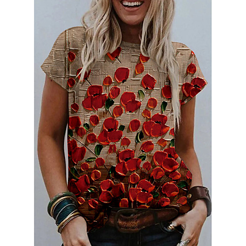 

Women's Floral Theme T shirt Floral Graphic 3D Print Round Neck Basic Tops Red