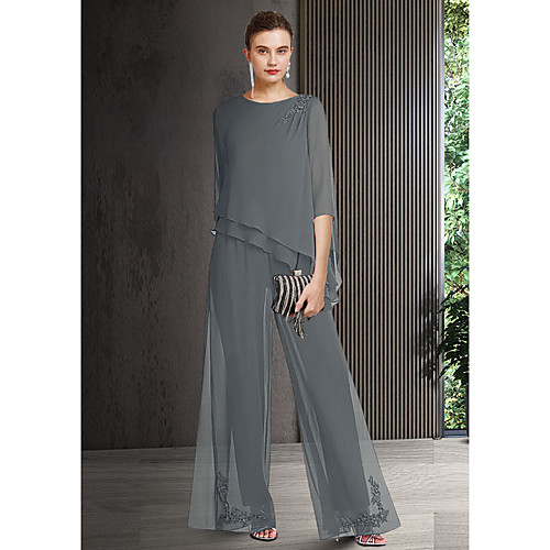 

Pantsuit / Jumpsuit Mother of the Bride Dress Elegant Jewel Neck Floor Length Chiffon 3/4 Length Sleeve with Appliques 2021