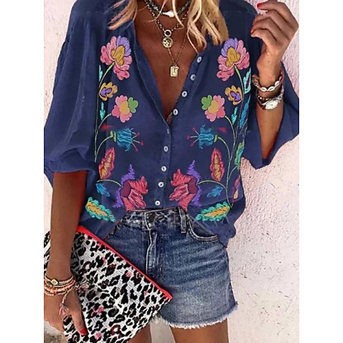 

Women's Blouse Shirt Floral Flower Long Sleeve Print Shirt Collar Basic Tops Blue Purple Orange