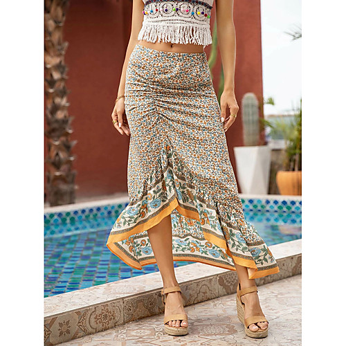 

Women's Vacation Beach Elegant Sophisticated Skirts Graphic Split Ruched Print Beige