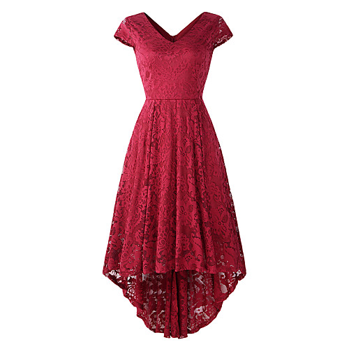 

A-Line Elegant Vintage Party Wear Cocktail Party Dress V Neck Short Sleeve Asymmetrical Lace with Pleats 2021