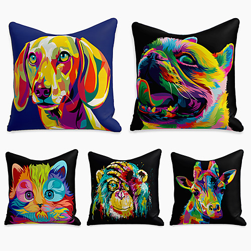 

5 pcs Faux Linen Pillow Cover, Animal Simple Casual Square Polyester Traditional Classic