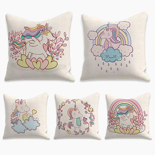 

5 pcs Linen Pillow Cover, Cartoon Simple Casual Square Polyester Traditional Classic