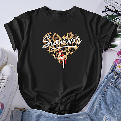 

Women's T shirt Graphic Heart Leopard Print Round Neck Tops 100% Cotton Basic Basic Top White Black Blue
