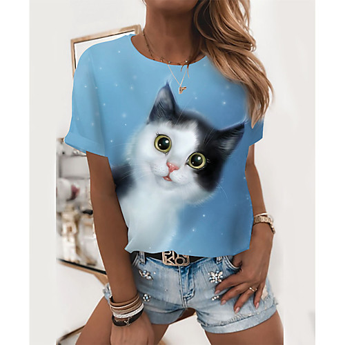 

Women's 3D Cat T shirt Cat Graphic 3D Print Round Neck Basic Tops Blue