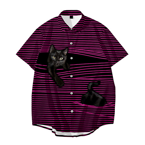 

Men's Shirt 3D Print Striped Cat Animal 3D Print Button-Down Short Sleeve Daily Tops Casual Fashion Black / White Purple Wine / Summer / Beach