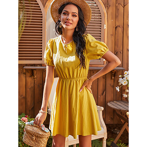 

Women's Sundress Short Mini Dress Yellow Short Sleeve Solid Color Backless Summer Round Neck Casual Going out 2021 S M L XL / Cotton / Cotton
