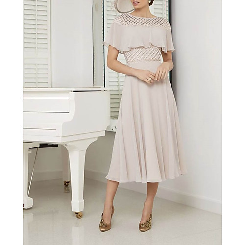 

A-Line Mother of the Bride Dress Elegant Jewel Neck Tea Length Chiffon Short Sleeve with Pleats Ruffles 2021