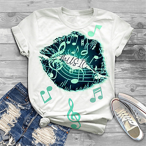 

Women's Plus Size Tops T shirt Lips Bird Notes Print Short Sleeve Round Neck Big Size / Holiday