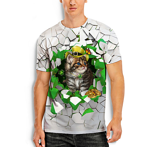 

Men's T shirt 3D Print Cat Graphic Prints Saint Patrick Day 3D Print Short Sleeve Daily Tops Casual Fashion Green / White