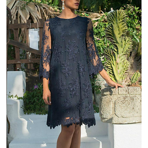 

Sheath / Column Mother of the Bride Dress Elegant Jewel Neck Short / Mini Lace Tulle 3/4 Length Sleeve with Appliques 2021