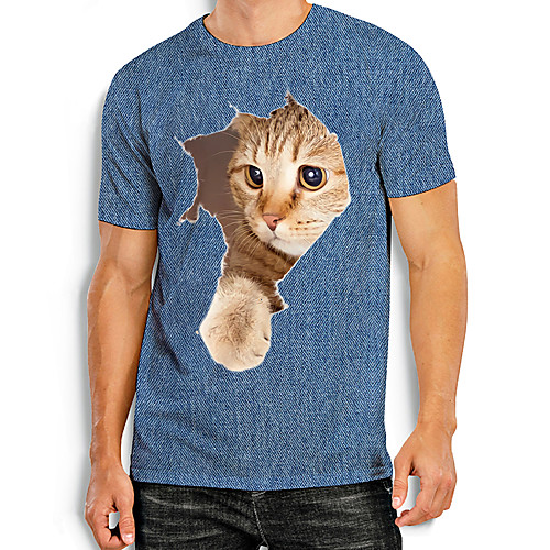 

Men's Tee T shirt Shirt Other Prints Cat Graphic Prints Animal Print Short Sleeve Daily Tops Basic Casual Blue