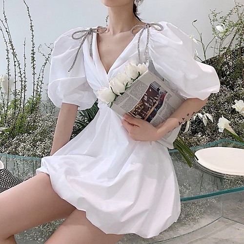 

A-Line Minimalist Sexy Holiday Homecoming Dress V Neck Half Sleeve Short / Mini Cotton with Bow(s) Crystals 2021