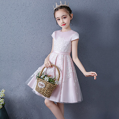 

Princess Short / Mini Flower Girl Dresses Wedding Satin Cap Sleeve Jewel Neck with Buttons