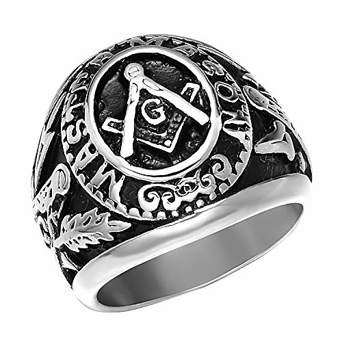 

Men's Antique Stainless Steel Masonic Ring Etched Freemasonry Symbol Biker Jewelry Silver Size 9