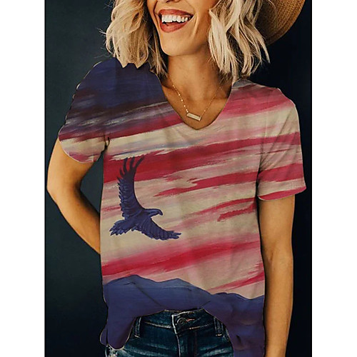 

Women's T shirt Bird V Neck Tops Chinoiserie Basic Top Red