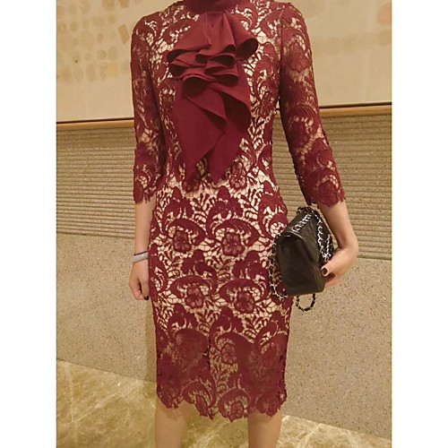 

Sheath / Column Elegant Floral Wedding Guest Cocktail Party Dress High Neck 3/4 Length Sleeve Knee Length Lace with Ruffles 2021